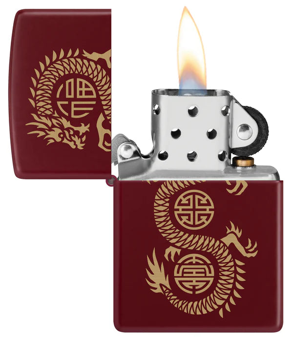 ENCENDEDOR ZIPPO COLOR MERLOT DISEÑO DRAGÓN DE LA SUERTE