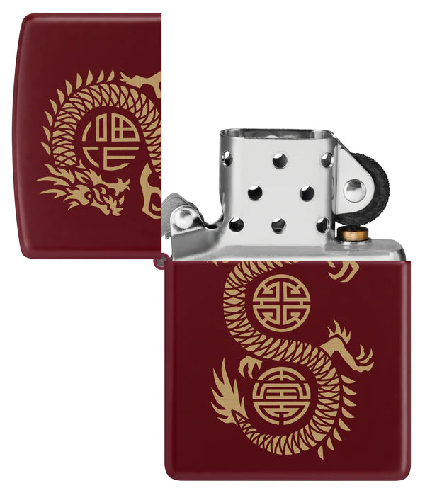 ENCENDEDOR ZIPPO COLOR MERLOT DISEÑO DRAGÓN DE LA SUERTE