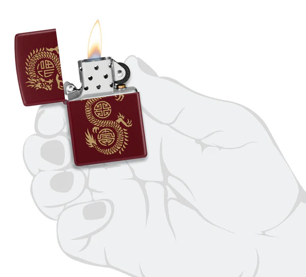 ENCENDEDOR ZIPPO COLOR MERLOT DISEÑO DRAGÓN DE LA SUERTE