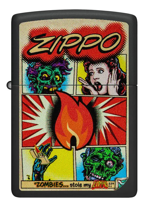 ENCENDEDOR ZIPPO NEGRO MATE DISEÑO COMIC DE ZOMBIES
