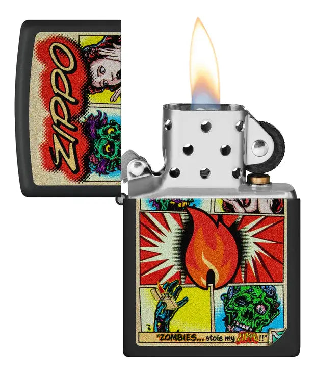 ENCENDEDOR ZIPPO NEGRO MATE DISEÑO COMIC DE ZOMBIES