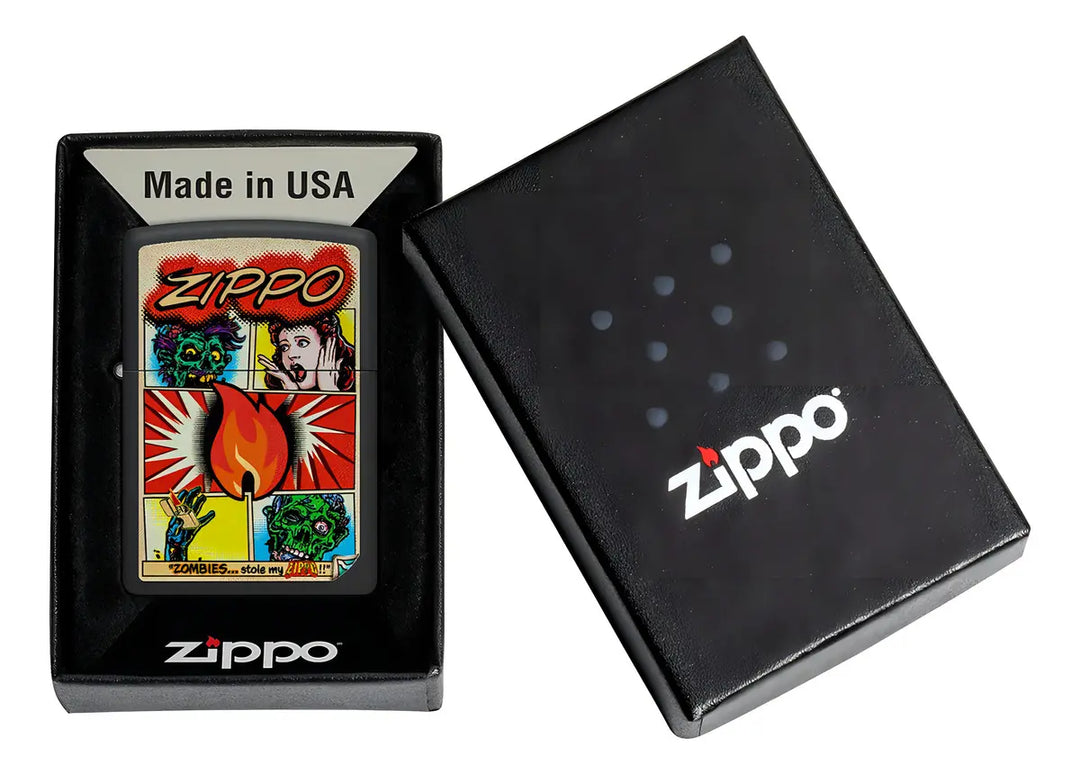 ENCENDEDOR ZIPPO NEGRO MATE DISEÑO COMIC DE ZOMBIES