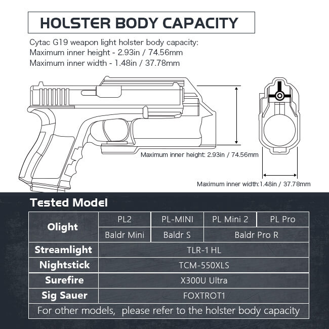FUNDA CYTAC OWB GLOCK 19,23,32,25 y 19x CON LINTERNA O LASER INTEGRADO