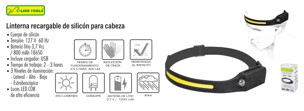 LINTERNA RECARGABLE SILICON CABEZA 3 W + 5 W LION TOOLS