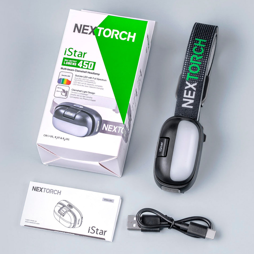 Linterna para cabeza de luz LED tipo sol de espectro completo, recargable, con cable USB tipo C, resistente a lluvia y salpicaduras