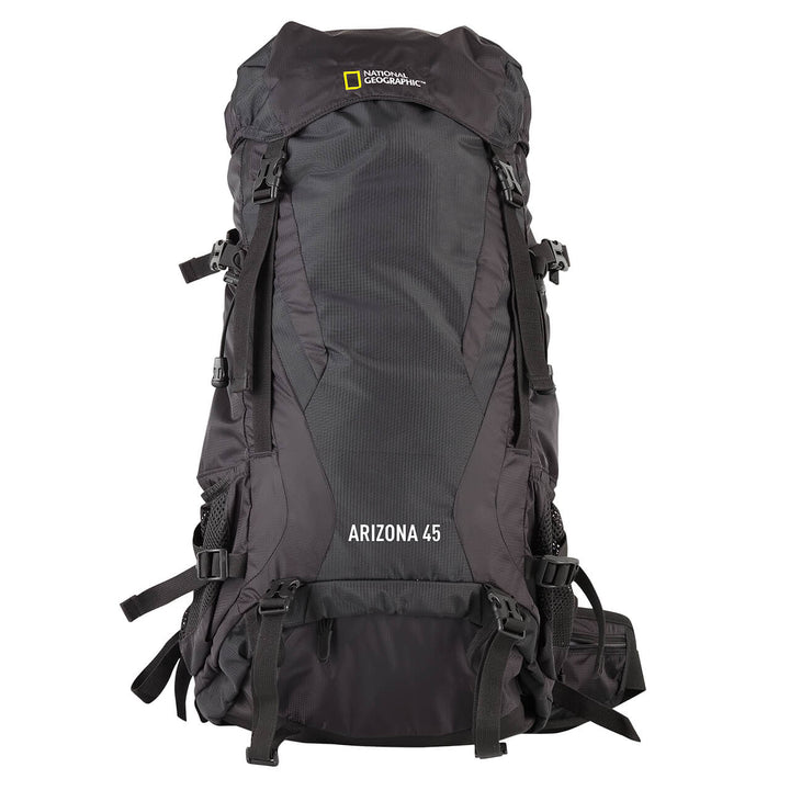 MOCHILA PARA MONTAÑA NAT GEO NEGRA ARIZONA 45 LTS CON SILBATO NEGRO S.O.S.
