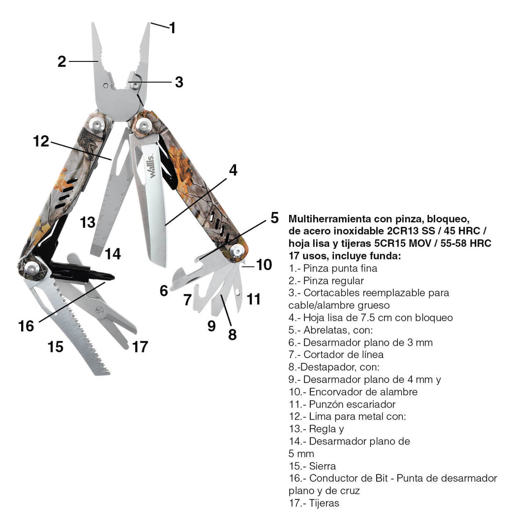 MULTIHERRAMIENTA CON PINZA 17 USOS CAMUFLAJE CON FUNDA
