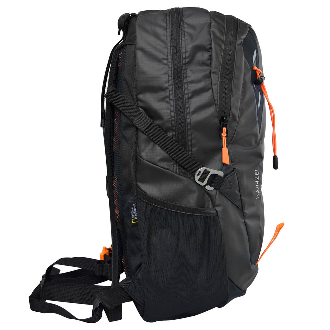 Mochila de montaña Hainzel 27 L con silbato naranja S.O.S, negro con naranja