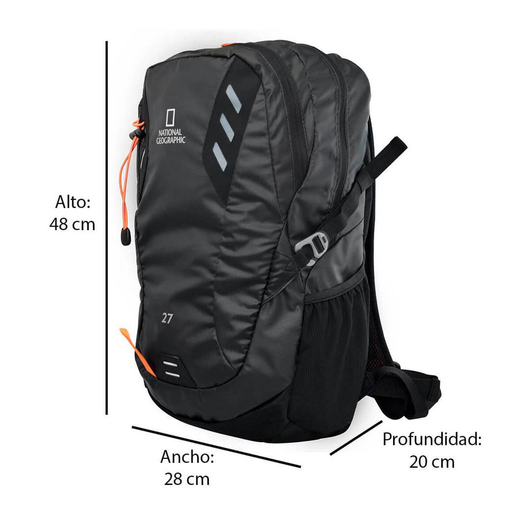 Mochila de montaña Hainzel 27 L con silbato naranja S.O.S, negro con naranja