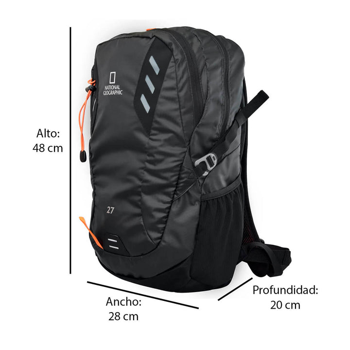 Mochila de montaña Hainzel 27 L con silbato naranja S.O.S, negro con naranja