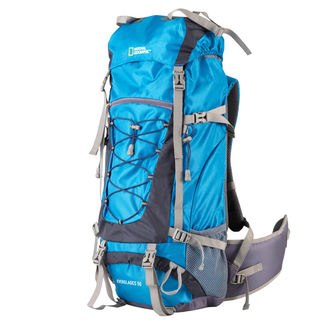 Mochila para montaña Nat Geo, Everglades 50 L Azul Silbato Negro S.O.S.