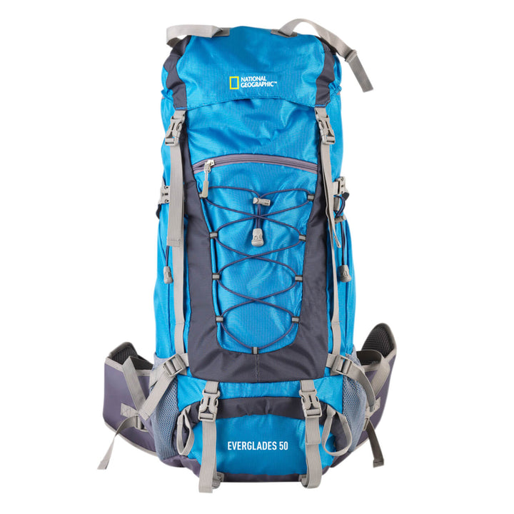 Mochila para montaña Nat Geo, Everglades 50 L Azul Silbato Negro S.O.S.