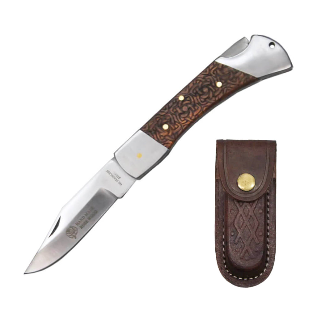 NAVAJA 3" ROSEWOOD hecha a mano con funda de cuero