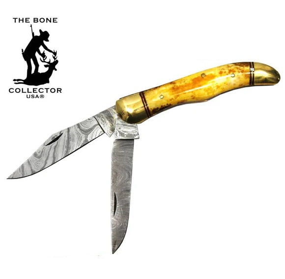 NAVAJA BONE COLLECTOR 2-Blade Damascus Laton y Hueso Bovino