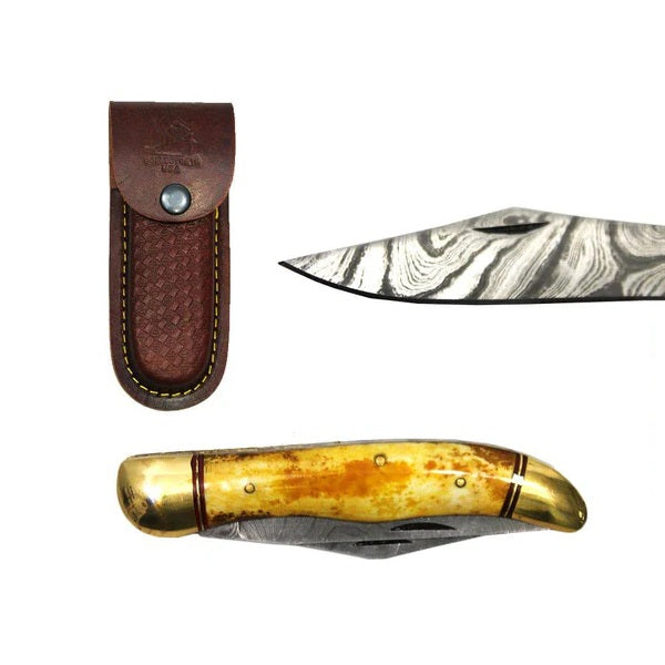 NAVAJA BONE COLLECTOR 2-Blade Damascus Laton y Hueso Bovino