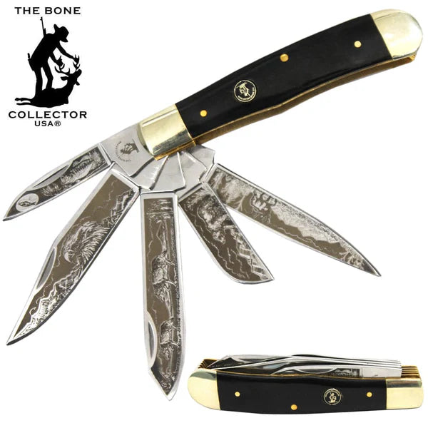 NAVAJA BONE COLLECTOR 5 HOJAS DE 4" ETCHED BUFFALO HORN