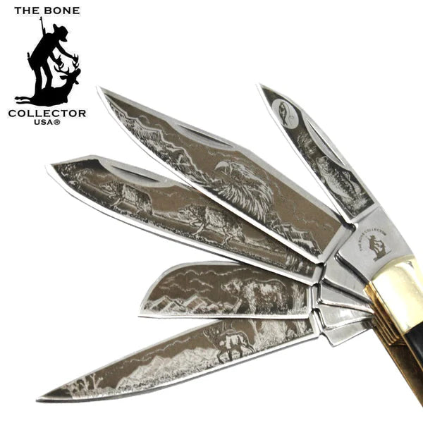 NAVAJA BONE COLLECTOR 5 HOJAS DE 4" ETCHED BUFFALO HORN