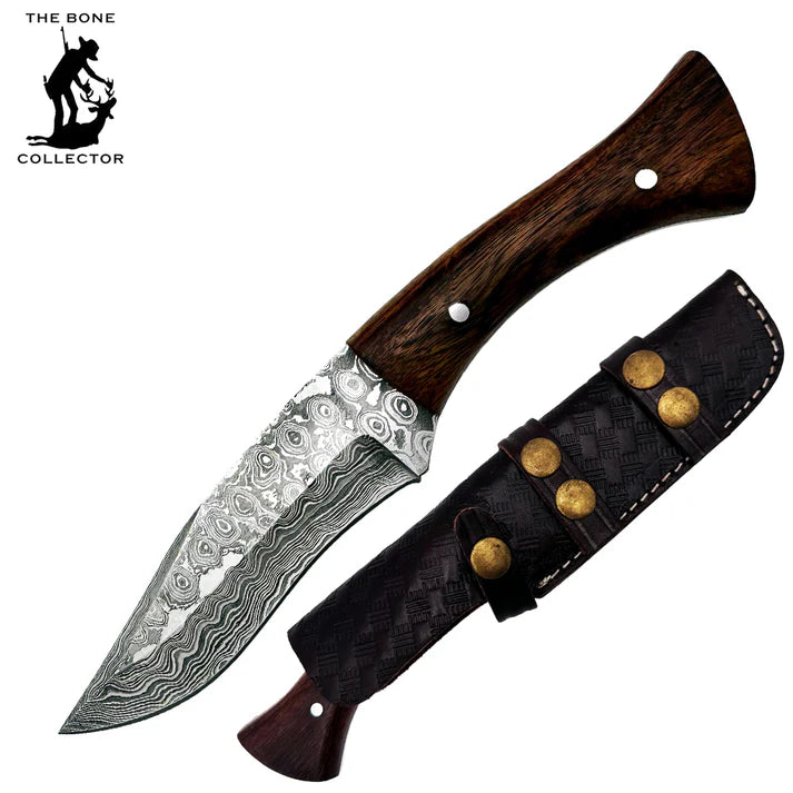 CUCHILLO BONE COLLECTOR 9" DAMASCUS BROWN CON FUNDA DE CUERO