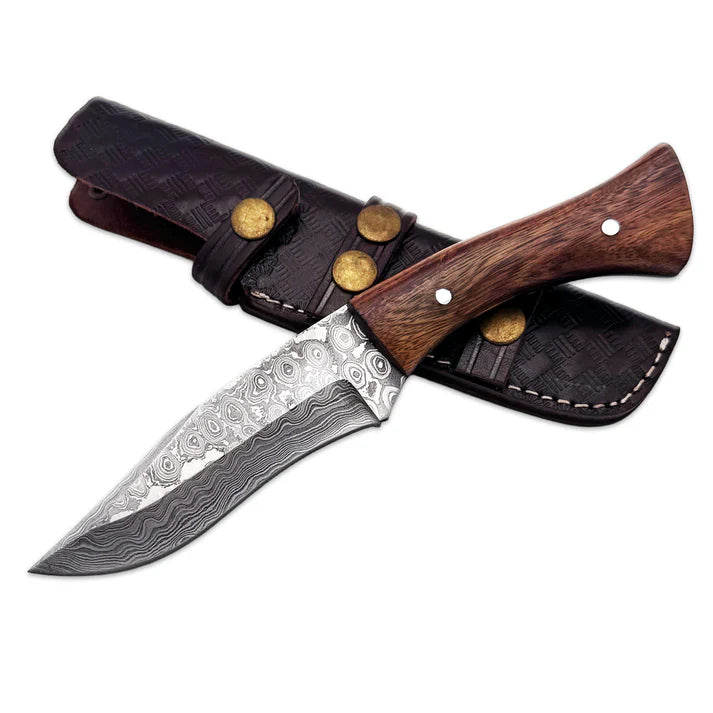 CUCHILLO BONE COLLECTOR 9" DAMASCUS BROWN CON FUNDA DE CUERO