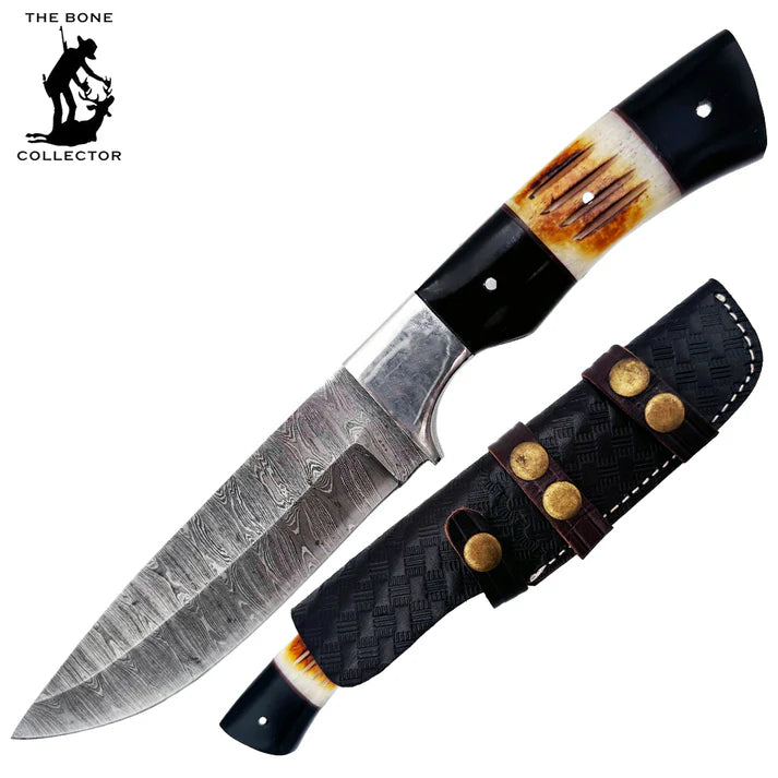 CUCHILLO BONE COLLECTOR 9" DAMASCUS Black & White CON FUNDA DE CUERO