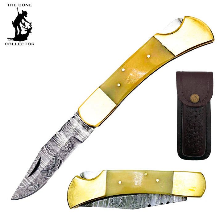 NAVAJA BONE COLLECTOR DAMASCUS 5" BOVINE BONE CON FUNDA DE CUERO