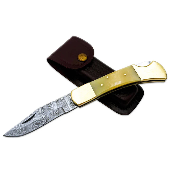 NAVAJA BONE COLLECTOR DAMASCUS 5" BOVINE BONE CON FUNDA DE CUERO