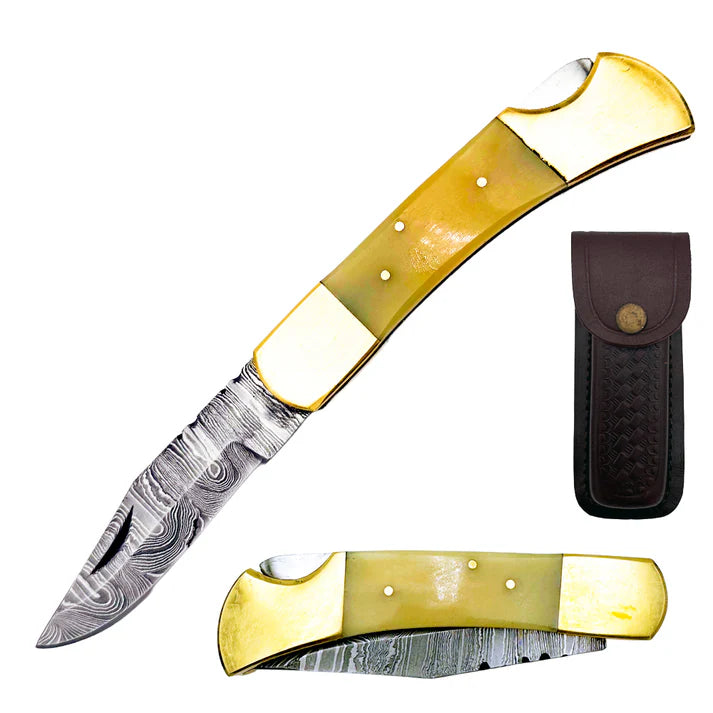 NAVAJA BONE COLLECTOR DAMASCUS 5" BOVINE BONE CON FUNDA DE CUERO