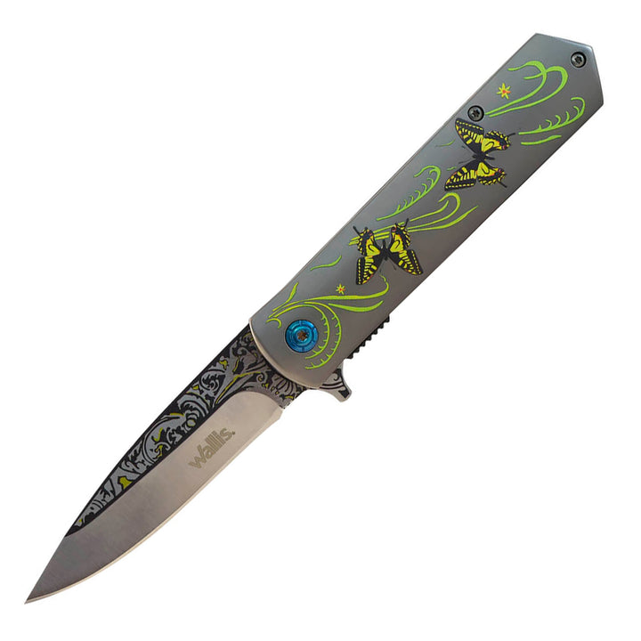 NAVAJA CON MANGO DE ACERO DISEÑO DAMASCO Y MARIPOSAS CON CLIP
