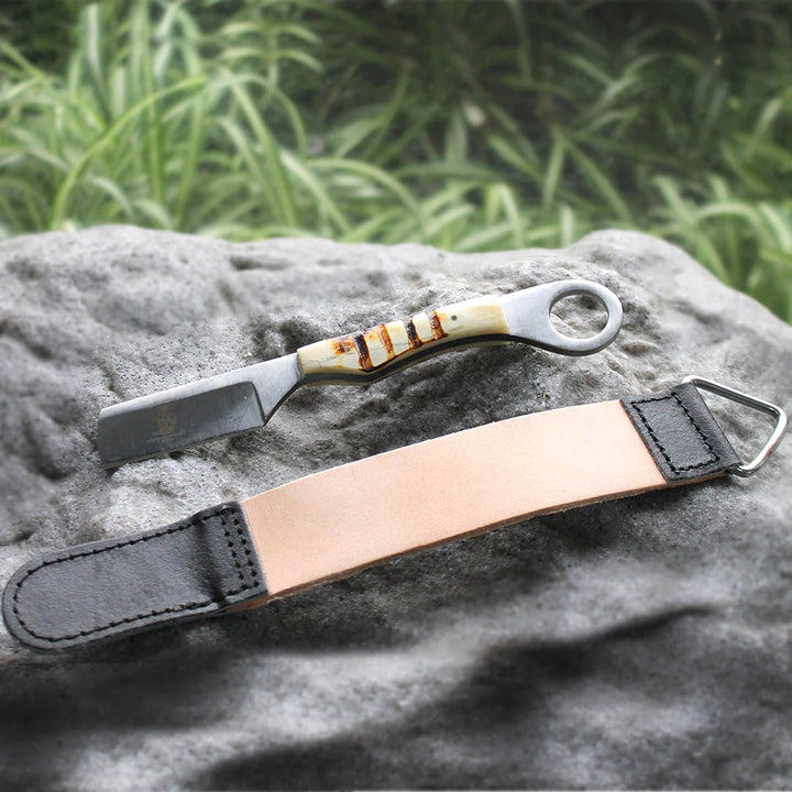 NAVAJA DE AFEITAR 8" BONE HANDLE RAZOR CON CUERO PARA AFILAR