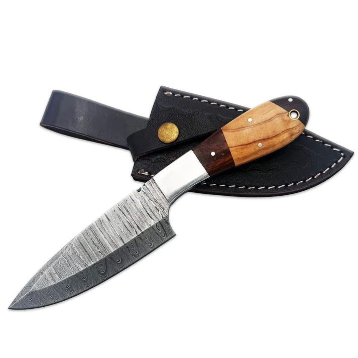 CUCHILLO WOOD BONE COLLECTOR 9" DAMASCUS MIXED BROWN CON FUNDA DE CUERO