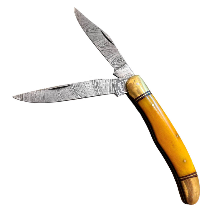 NAVAJA BONE COLLECTOR 2-Blade Damascus Laton y Hueso Bovino