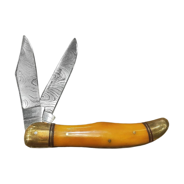 NAVAJA BONE COLLECTOR 2-Blade Damascus Laton y Hueso Bovino