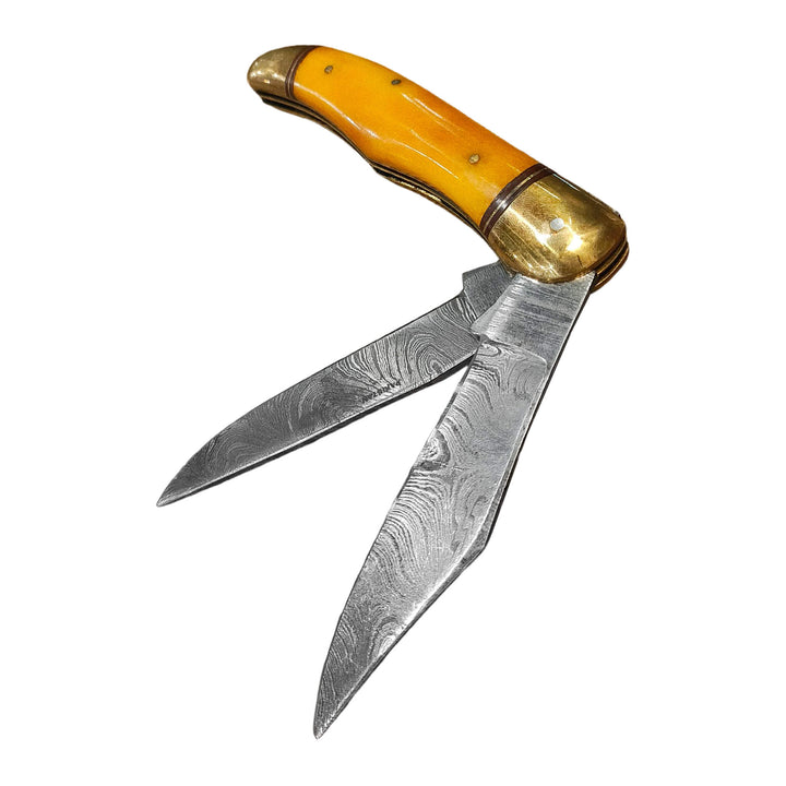 NAVAJA BONE COLLECTOR 2-Blade Damascus Laton y Hueso Bovino