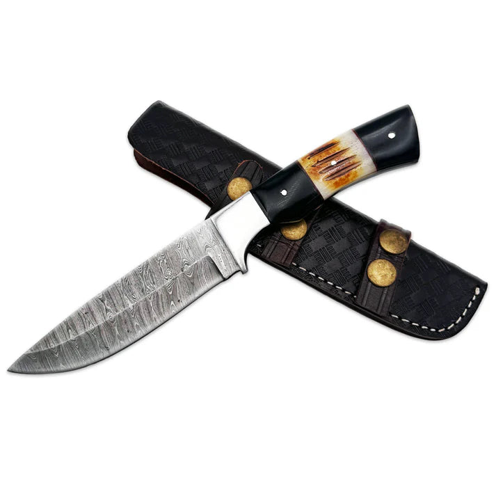 CUCHILLO BONE COLLECTOR 9" DAMASCUS Black & White CON FUNDA DE CUERO
