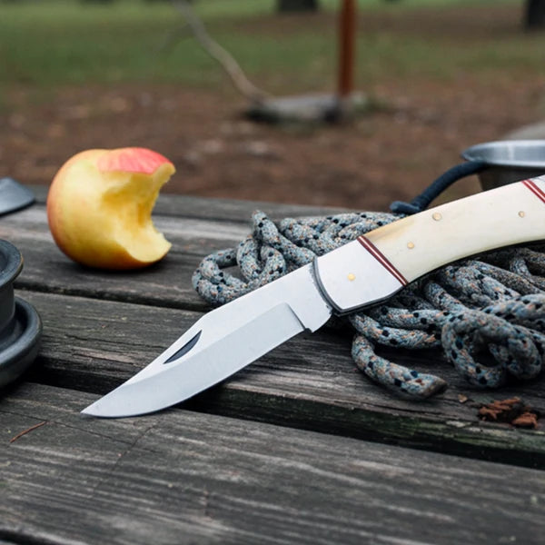 Navaja Plegable 5" Clasica Mango de Hueso Blanco con funda de cuero