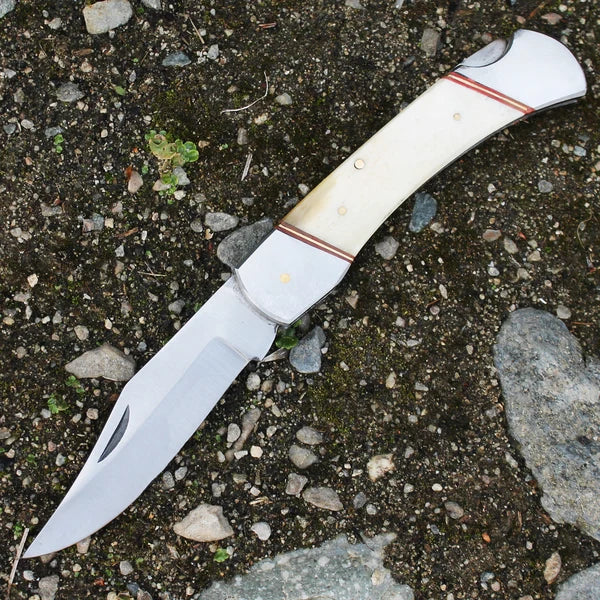 Navaja Plegable 5" Clasica Mango de Hueso Blanco con funda de cuero