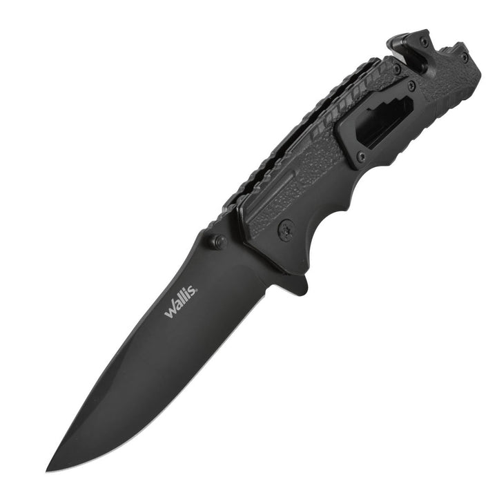 Navaja de rescate con mango metal negro, hoja negra lisa y clip