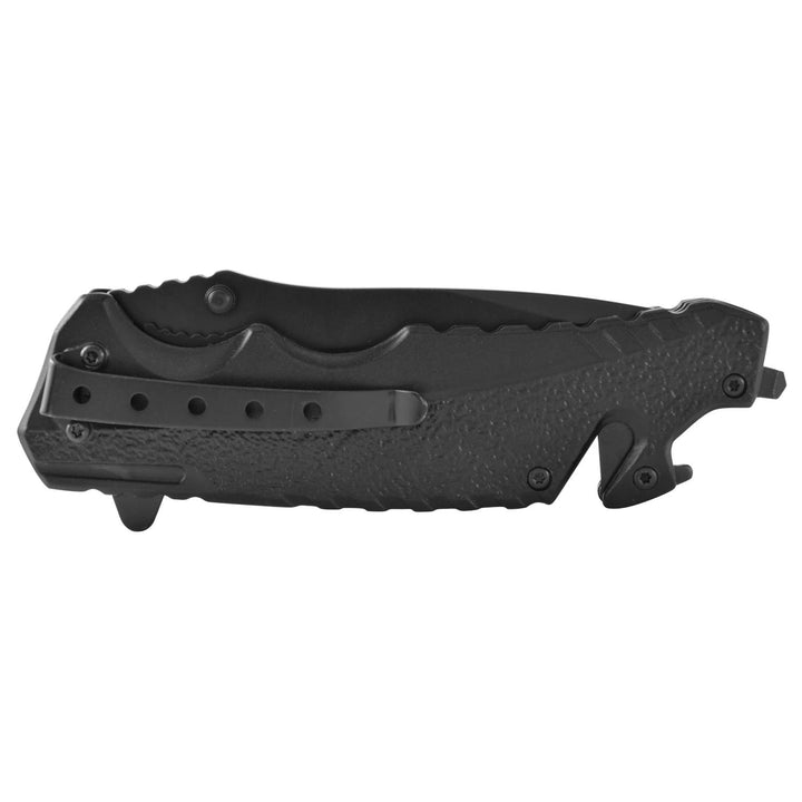 Navaja de rescate con mango metal negro, hoja negra lisa y clip