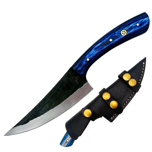 CUCHILLO TWIN TREE 4.25" Black Scale Blue Wood with Leather Sheath