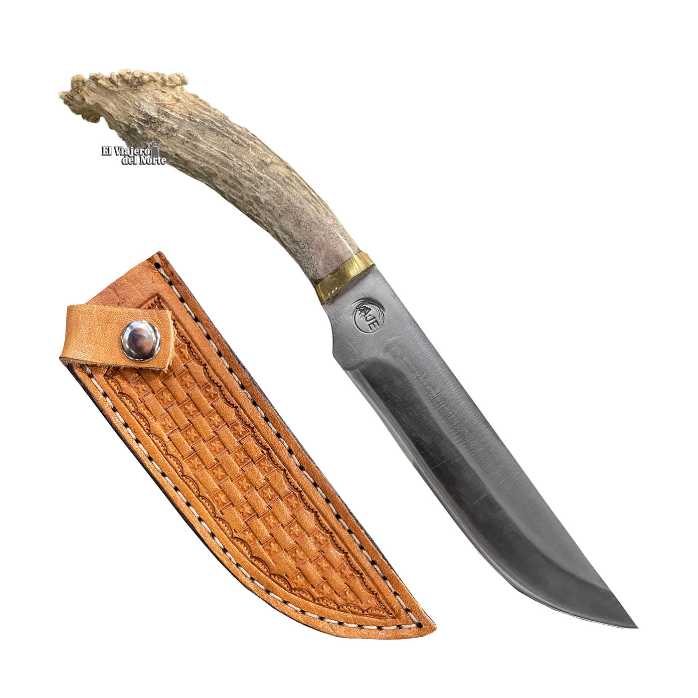 CUCHILLO AJE 6.9" PARRILLERO CAZADOR CUERNO DE VENADO CON FUNDA DE CUERO