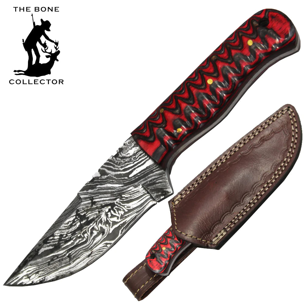 CUCHILLO 8" DAMASCUS BONE COLLECTOR PAKKAWOOD RED CON FUNDA DE CUERO