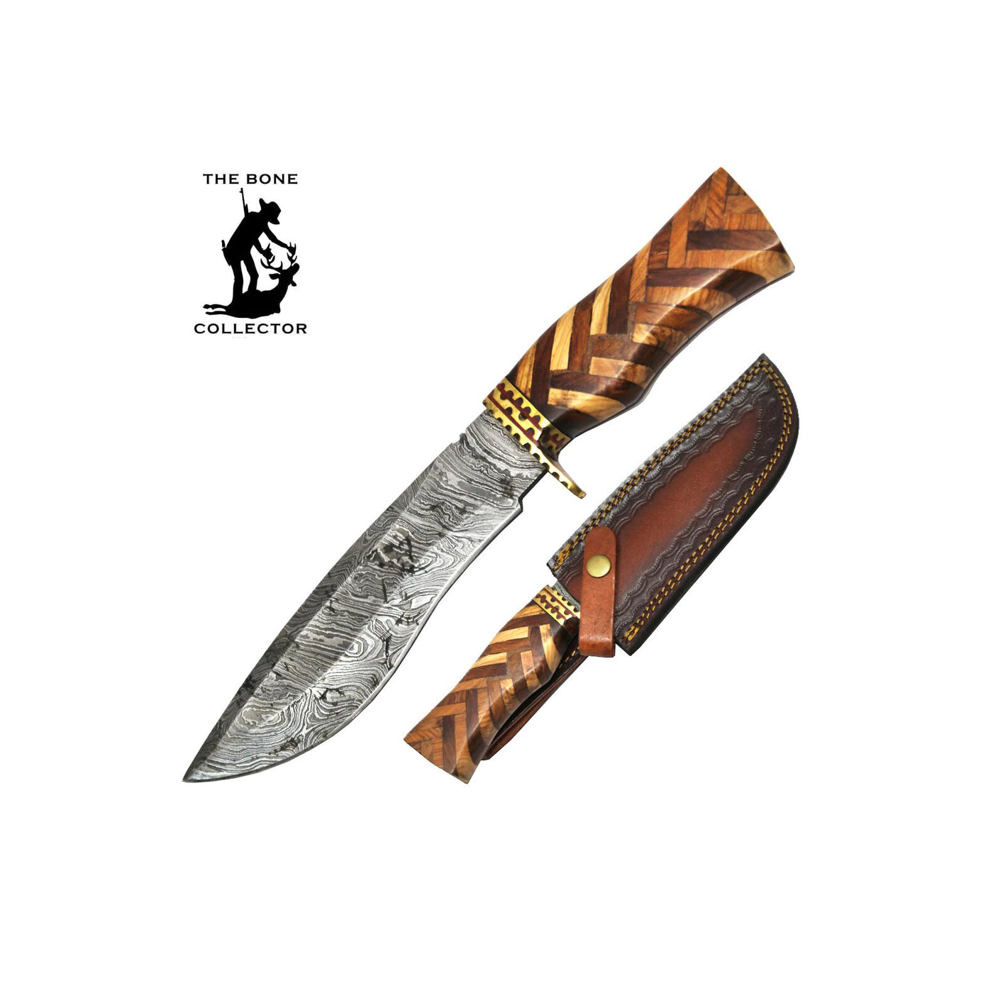 CUCHILLO DE CAZA DAMASCO DE 12" CON FUNDA DE CUERO BONE COLLECTOR