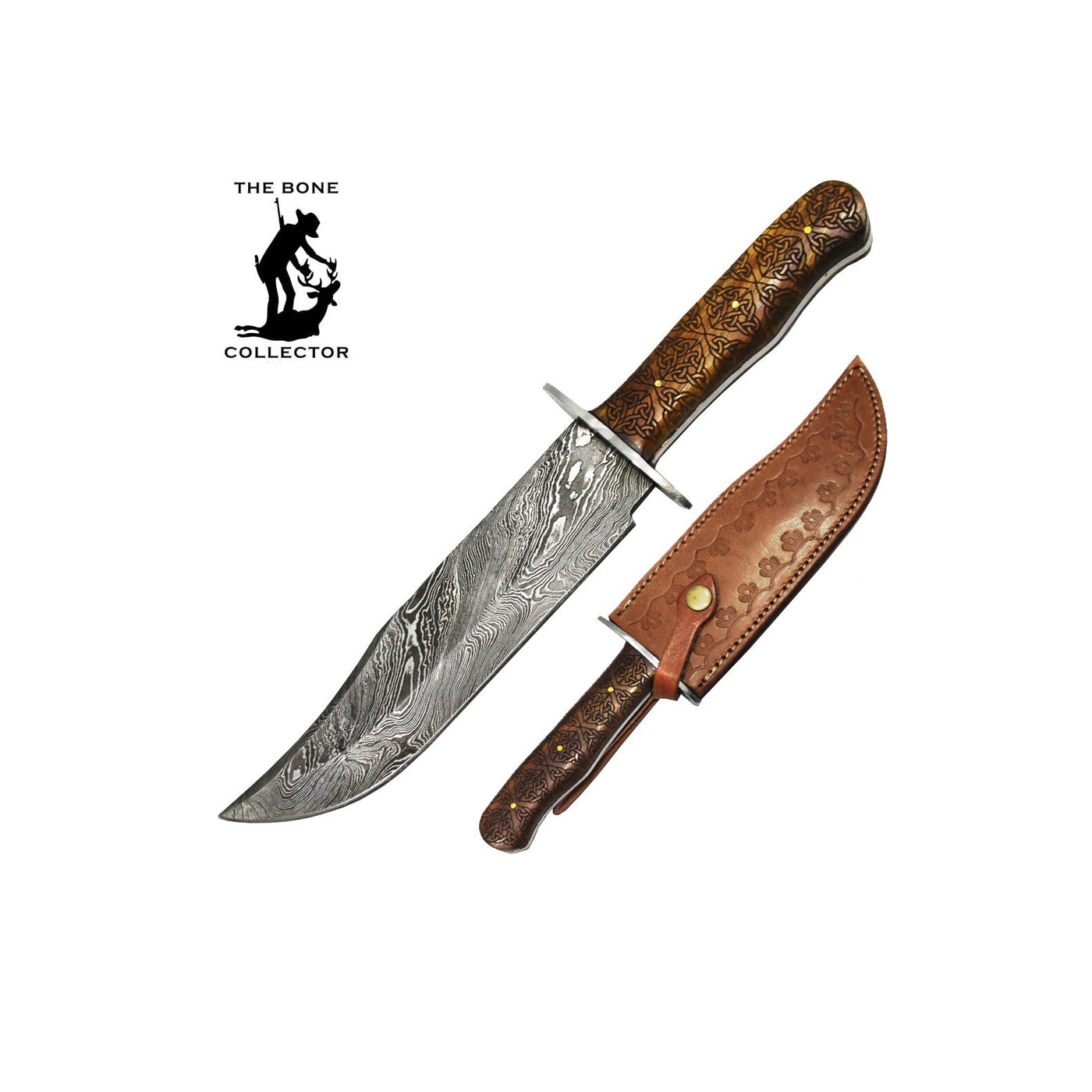 CUCHILLO DE CAZA DAMASCO DE 13" CON FUNDA DE CUERO BONE COLLECTOR