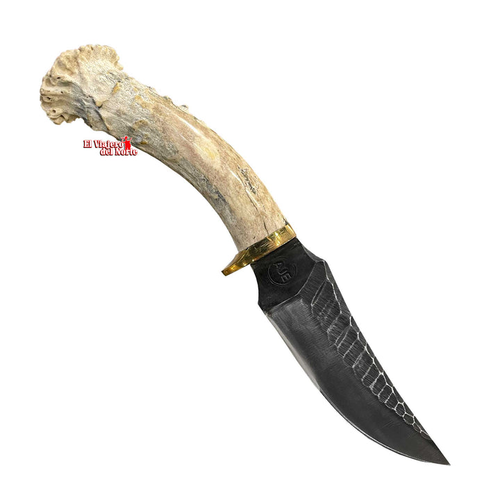 CUCHILLO AJE PARRILLERO CAZADOR MINI 5" CUERNO DE VENADO Acabado SEMIPIEDRA con Funda de cuero