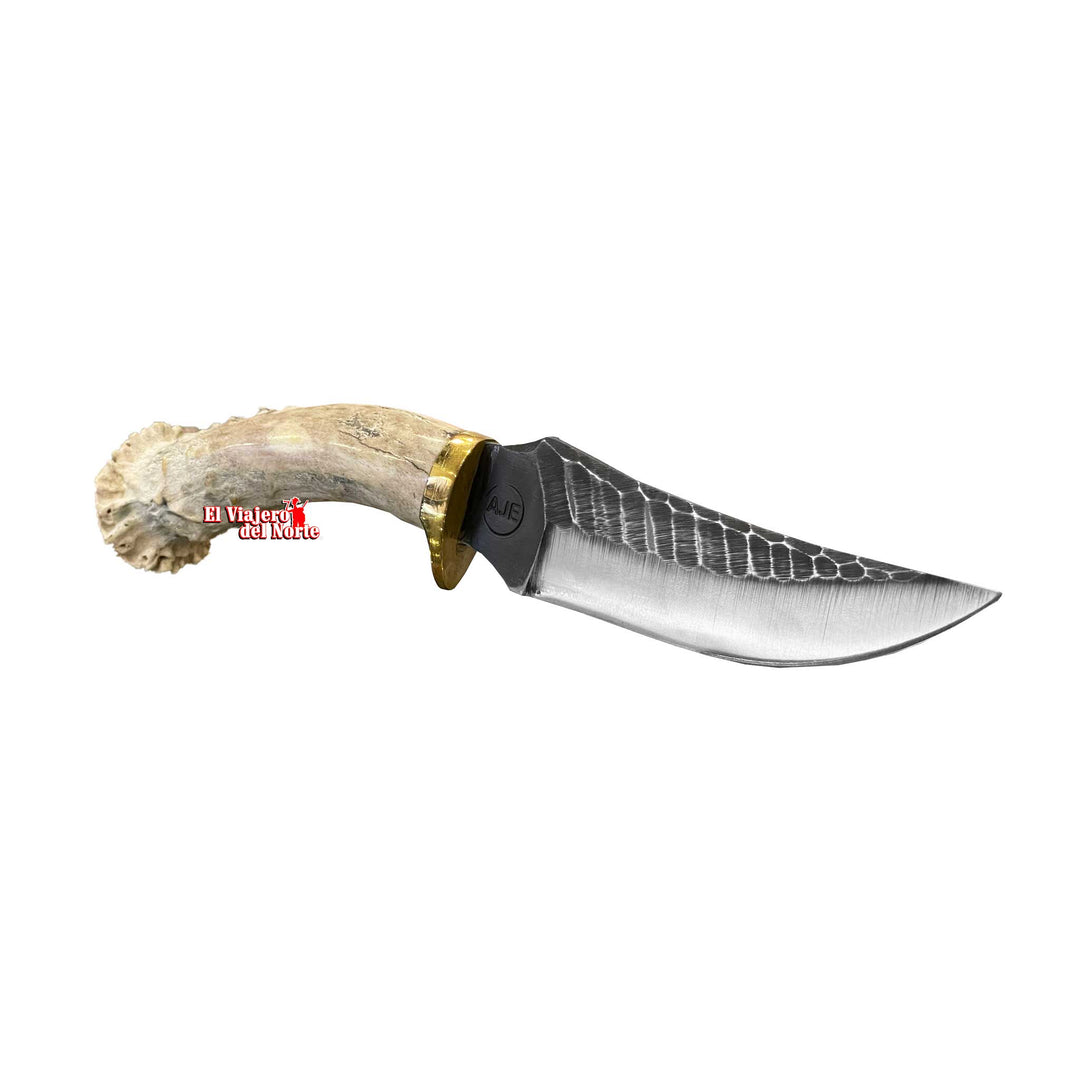 CUCHILLO AJE PARRILLERO CAZADOR MINI 5" CUERNO DE VENADO Acabado SEMIPIEDRA con Funda de cuero