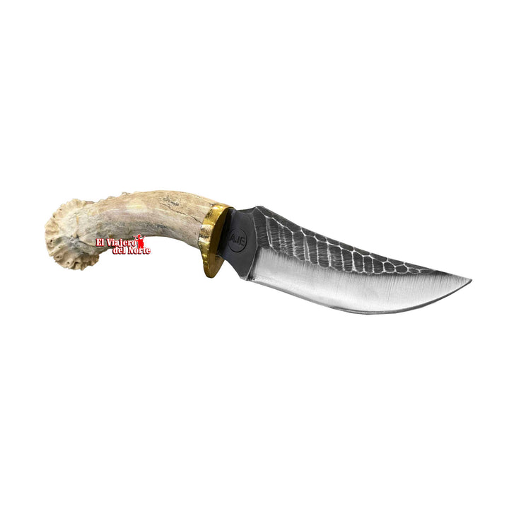 CUCHILLO AJE PARRILLERO CAZADOR MINI 5" CUERNO DE VENADO Acabado SEMIPIEDRA con Funda de cuero
