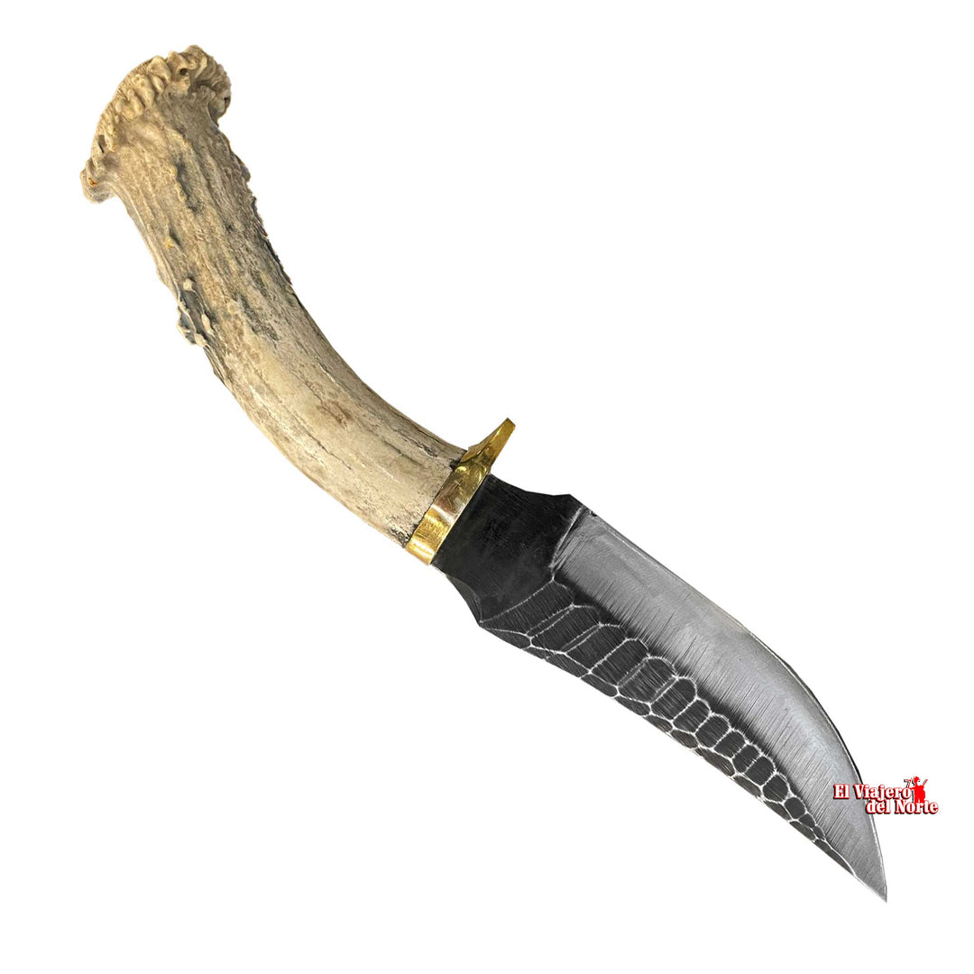 CUCHILLO AJE PARRILLERO CAZADOR MINI 5" CUERNO DE VENADO Acabado SEMIPIEDRA con Funda de cuero