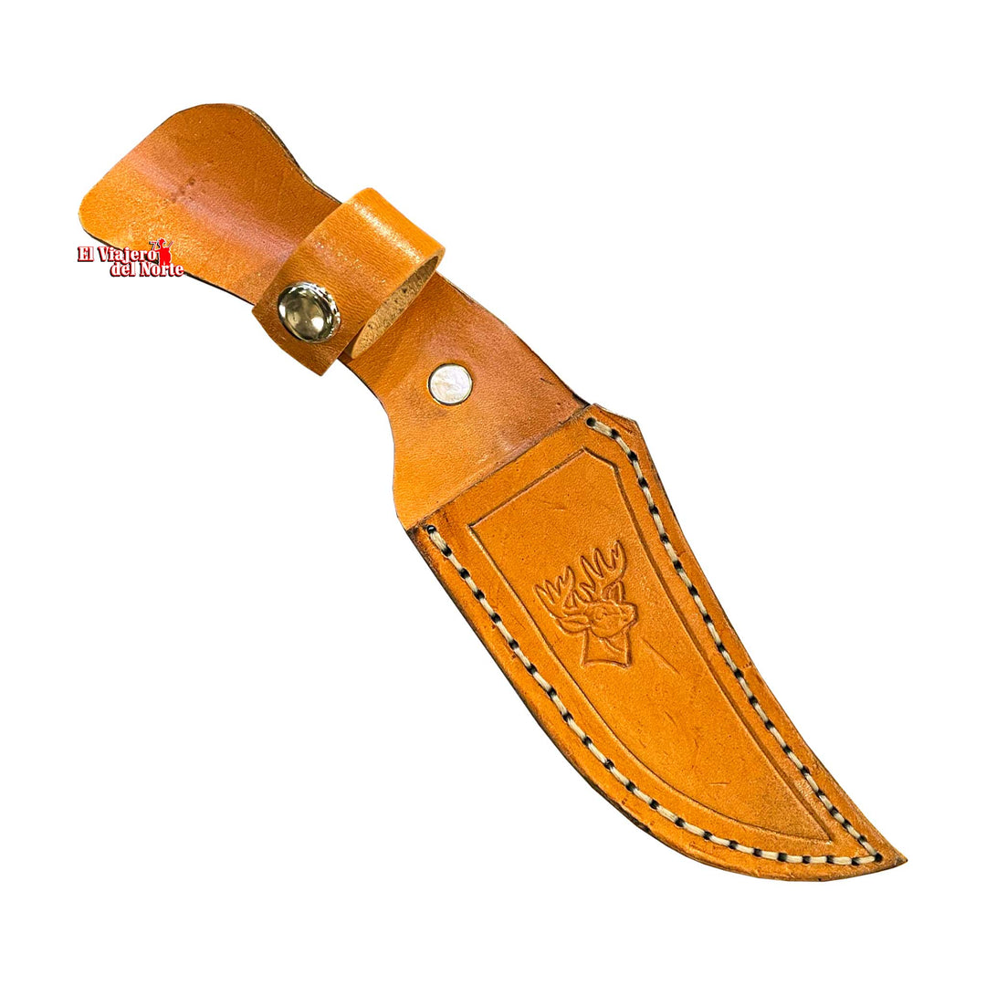 CUCHILLO AJE PARRILLERO CAZADOR MINI 5" CUERNO DE VENADO Acabado SEMIPIEDRA con Funda de cuero