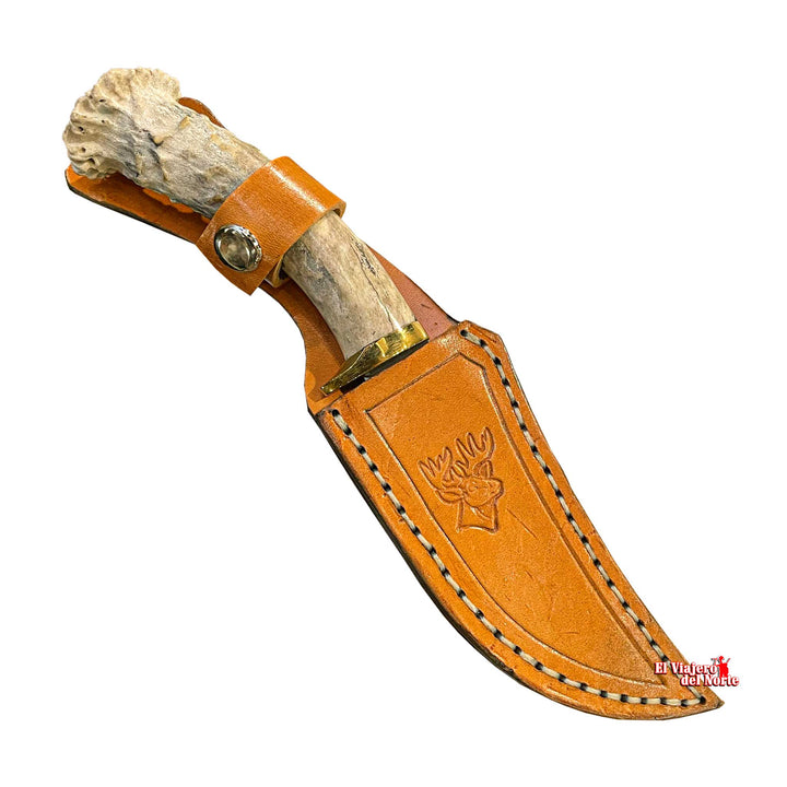 CUCHILLO AJE PARRILLERO CAZADOR MINI 5" CUERNO DE VENADO Acabado SEMIPIEDRA con Funda de cuero
