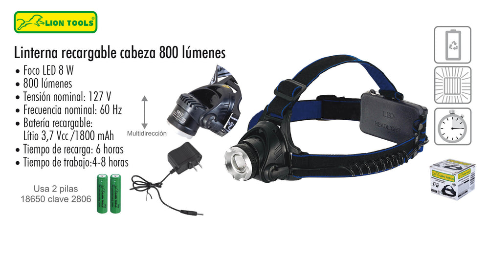 LINTERNA RECARGABLE CABEZA 800 LUM - El Viajero del Norte